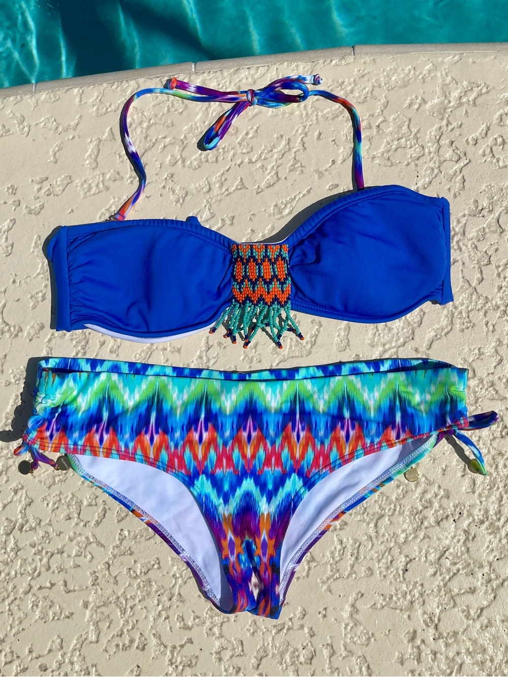 OndadeMar Beaded Bikini Set M - Blue Zigzag Print